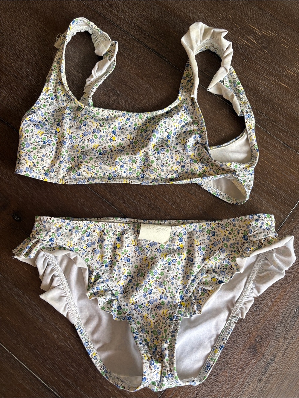 Girls Floral Ruffle Bikini Set - Blue, Yellow & Cream